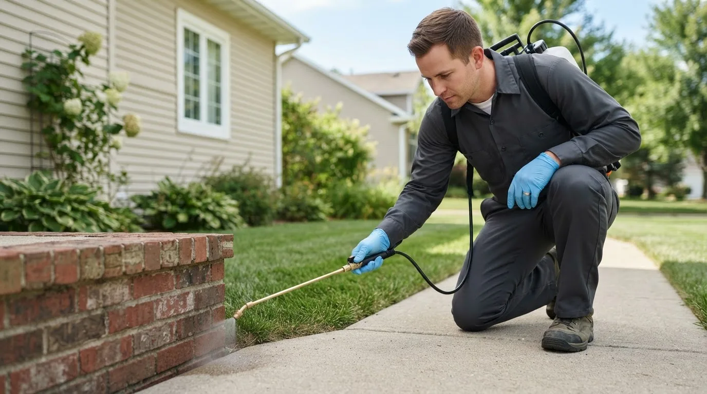 Pest control technician treating a home near Massapequa, NY