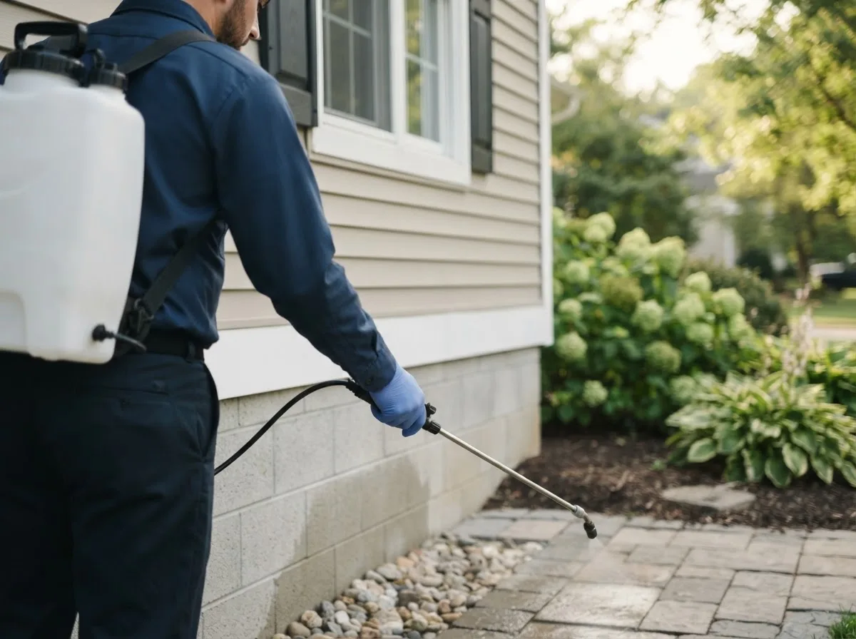 Pest control technician inspecting a home in Massapequa, NY